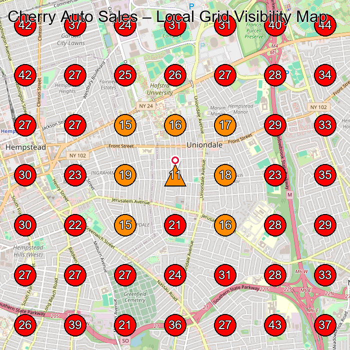 Cherry Auto Sales GeoGrid visibility map for Used Car Dealer in Uniondale